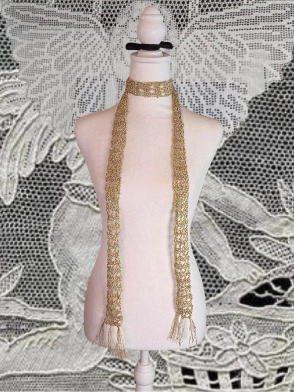 Handmade Y2K Crochet Skinny Gold Sequin Scarf / Belt with Tassels